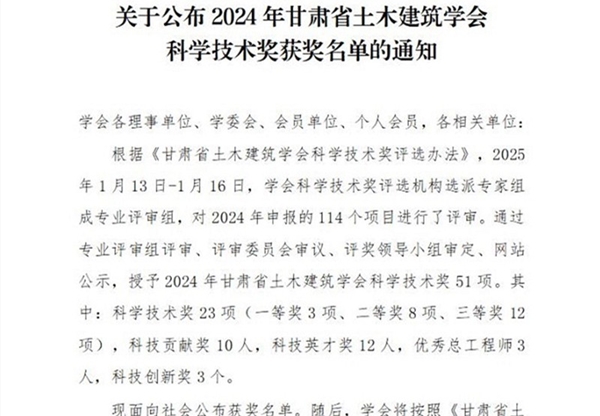 甘肅工程咨詢(xún)集團(tuán)榮獲多項(xiàng)2024年甘肅省土…